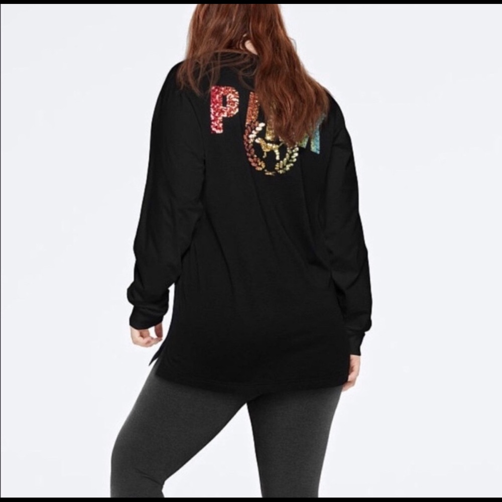 PINK VS BLING RAINBOW LOGO SEQUINED CAMPUS TEE - Picture 7 of 8
